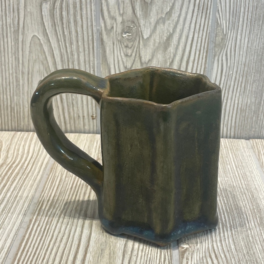 Studio Pottery Hexagonal Coffee Mug Forest Green Glazed Handcrafted Stoneware